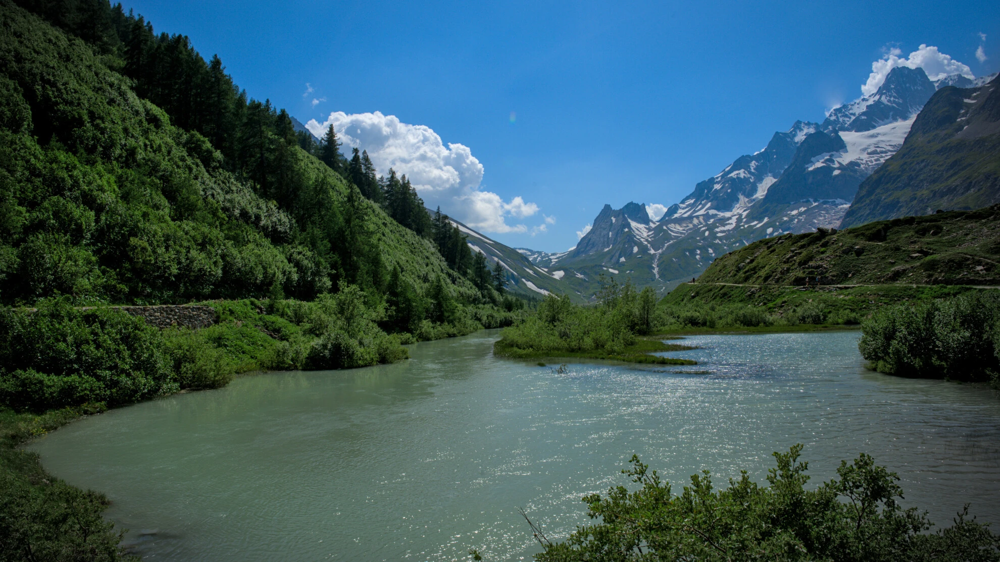 Val Ferret under Grandes Jorasses, mellan äng och glaciärbäck