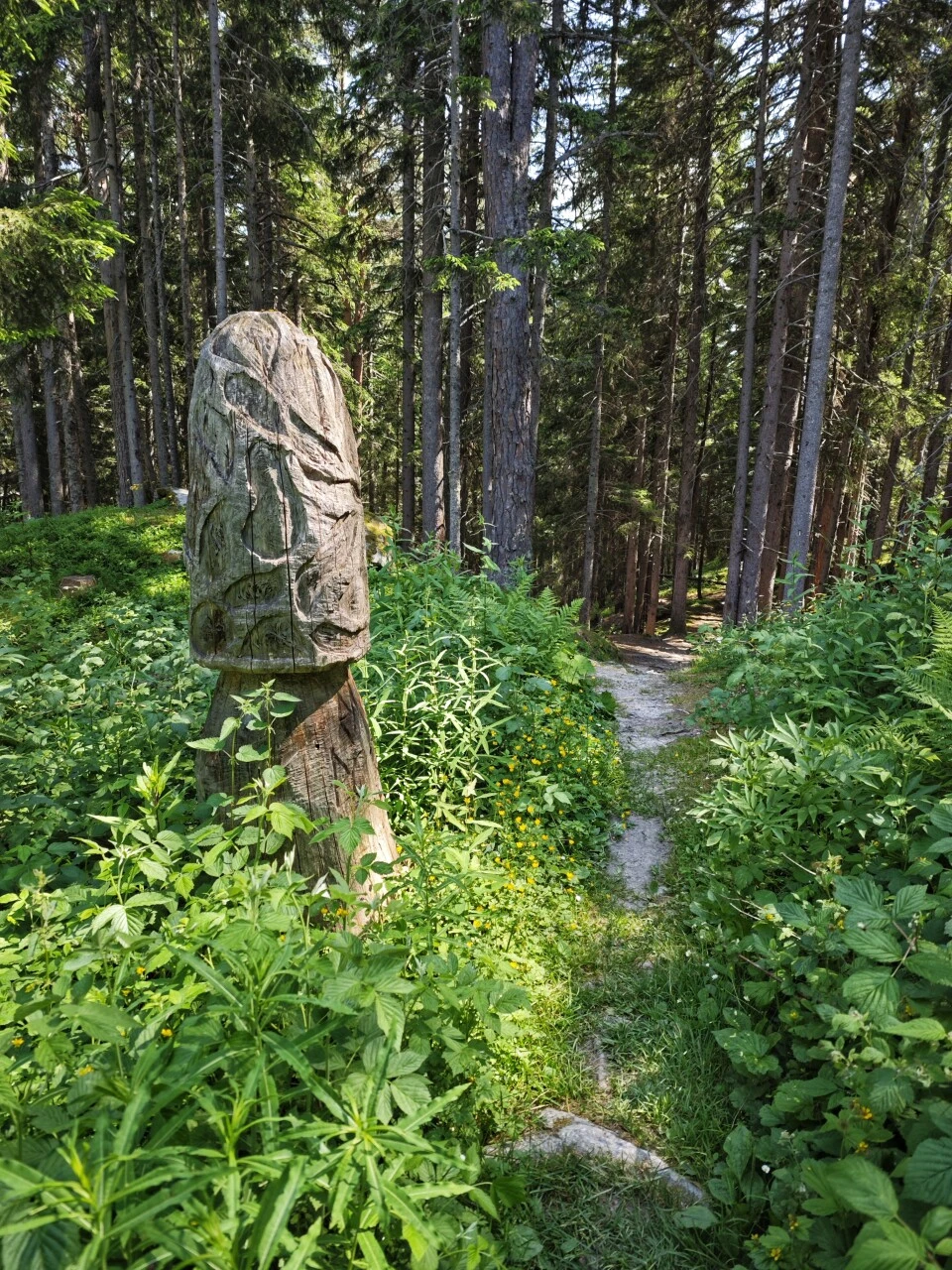 Träskulptur på skogsleden i Champex