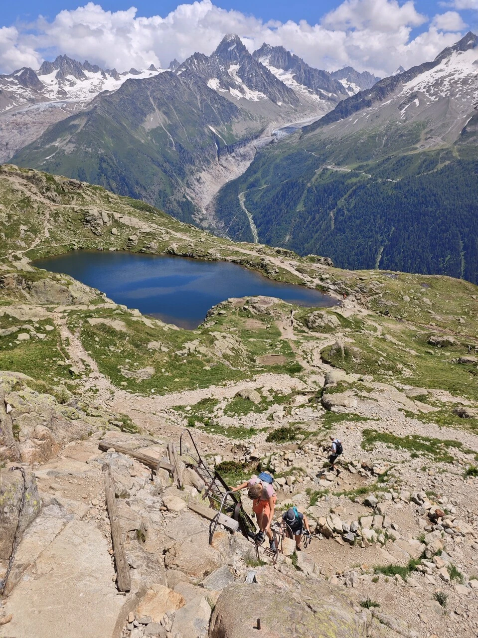 Vandrare i stegarna ovanför lacs des Chéserys, glacier d'Argentière i bakgrunden