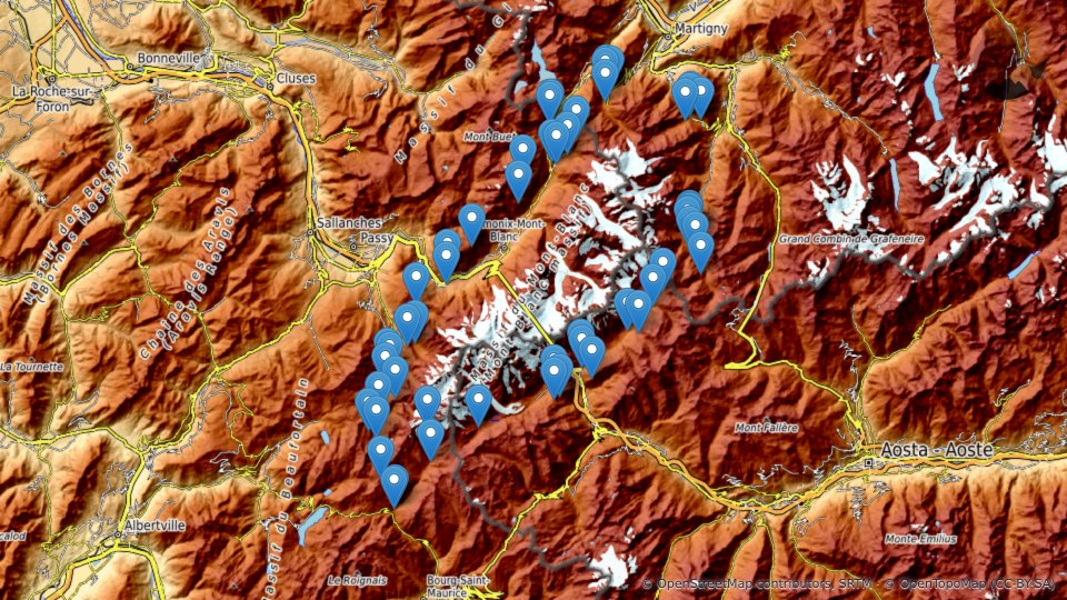 Karta över Fjällstugor och boende på Tour du Mont-Blanc, etapp för etapp (och hur du bokar) — Altimood
